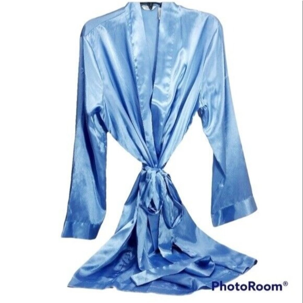 * Adonna large blue silky knee length robe with waist tie casual self-car
